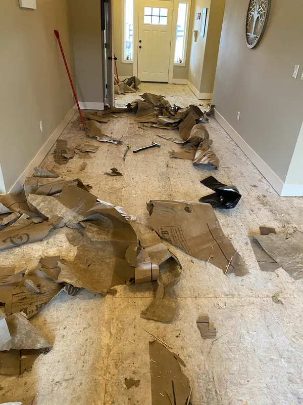 Old underlayment stripped back to bare subfloor before the new floor goes down